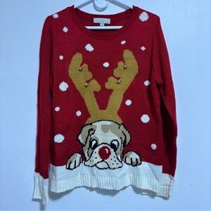 Carolyn Taylor Women's XL Red Christmas Sweater Pug Dog Rudolph Bells Boxer Snow
